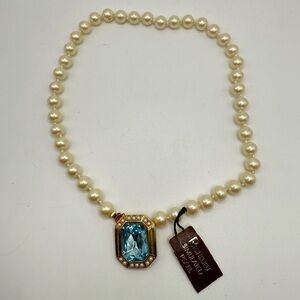 Vintage Richelieu Faux Pearl Necklace Blue Crystal Pendant 15” NWT